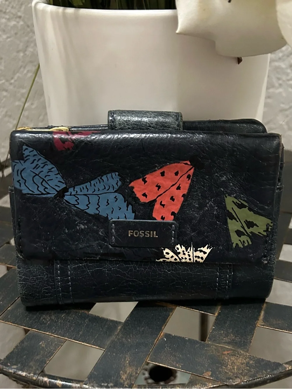 Fossil Navy Leather Trifold Wallet with Multicolor Butterfly Accents